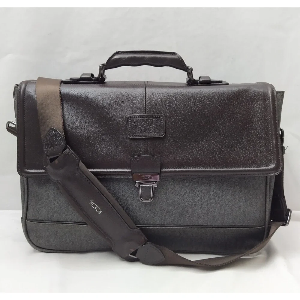 Tumi Brown Leather Gray Canvas Pushlock Laptop Briefcase Business Crossbody Bag